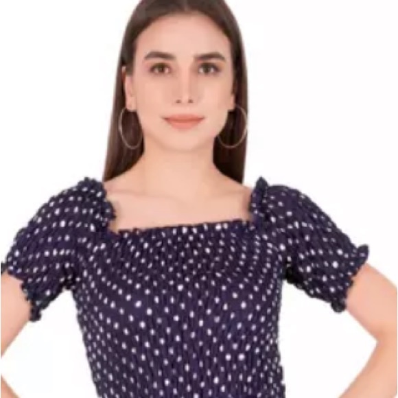 American Eagle polka dot shoulder off smocked top size Small navy - Picture 1 of 7